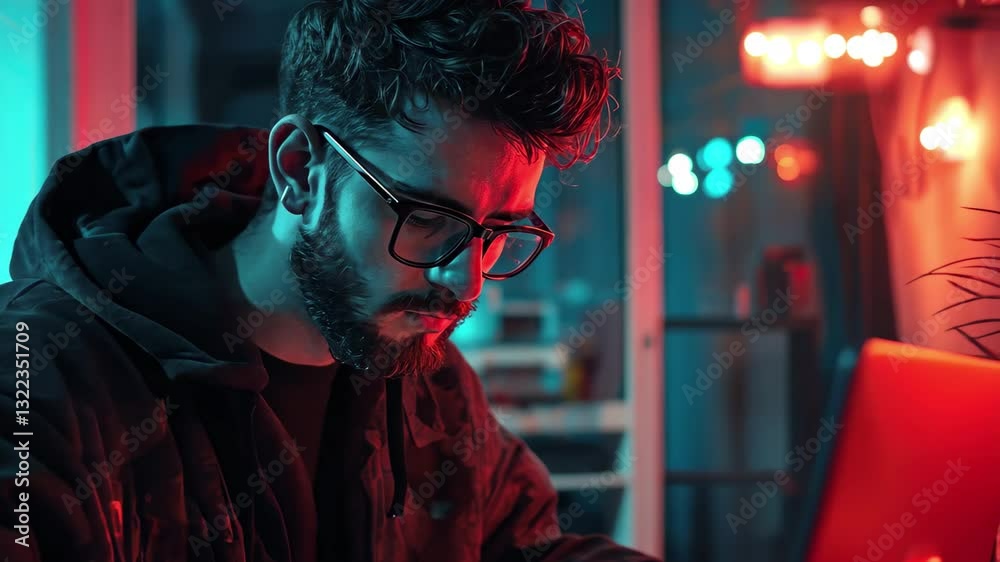 Poster hacker working intensely on laptop in dimly lit environment with colorful lighting effects, hacker h