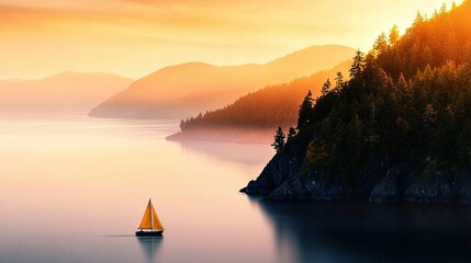   A solitary sailboat amidst a vast expanse of water surrounded by tall trees on either side