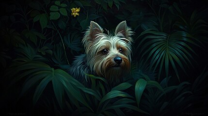 Naklejka premium A painting depicts a canine resting amidst a tropical landscape, holding a vibrant bloom between its teeth against a dark backdrop