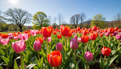 Obraz premium Colorful tulip flowers blooming in a sunny garden