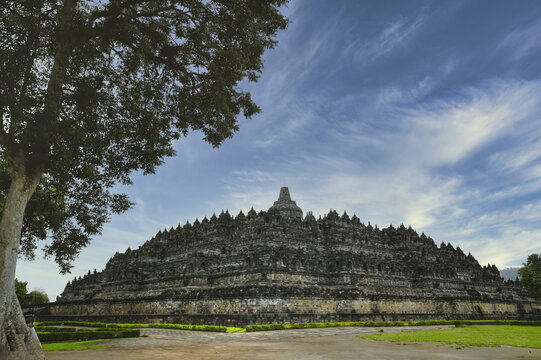 Majestic view of Borobudur Temple under blue skies