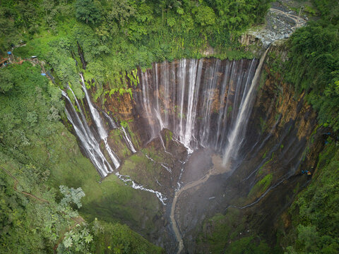 Aerial view of the majestic Tumpak Sewu Waterfall
