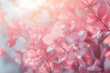 Obraz premium Soft pink flowers blooming in springtime sunlight beautiful floral background pastel color nature