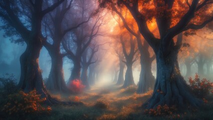 Morning mist in the forest. Light filters through the branches of vibrant fruit-bearing trees. Background created in an illustrative style using digital art techniques, evoking obscurity and fantasy.