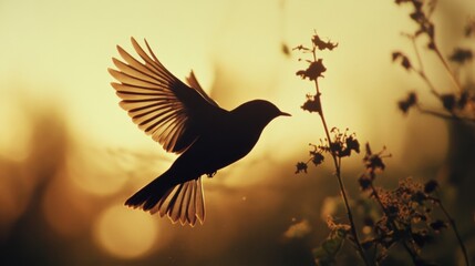 Fototapeta premium A silhouetted bird gracefully flaps its wings against a golden sunset backdrop, capturing a fleeting moment of natural beauty.