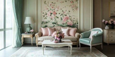 A Beautiful Living Room Decorated With Floral Decorations and Furniture