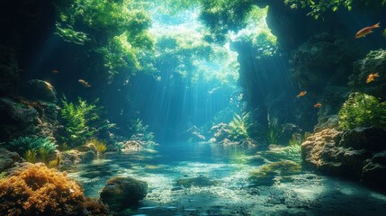 Fototapeta premium Underwater cavern, sunlit stream, fish, plants, background serenity, travel