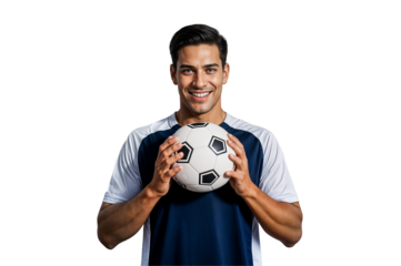 A male football player is wearing sportswear, gently holding a football, smiling at the camera with an expression of confidence and energy, as if showcasing his football skills