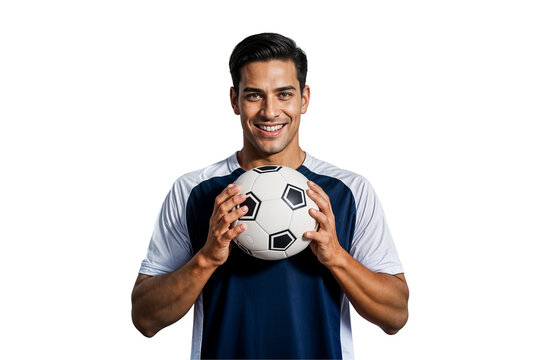 A male football player is wearing sportswear, gently holding a football, smiling at the camera with an expression of confidence and energy, as if showcasing his football skills