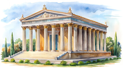Obraz premium Elegant hand-drawn watercolor illustration of the Temple of Artemis at Ephesus, a historical landscape painting on a clean white background