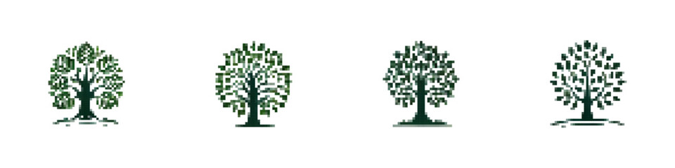 Fototapeta premium Set of pixel green trees. Vector icons of stylish trees in retro style. Simple pixel plants. Vector tree icon. Deciduous trees pixel vector. Tree trunk vector.