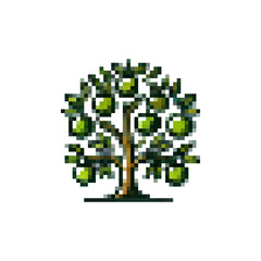 Obraz premium Pixel icon green tree. Tree logo with fruits vector. Pixel apple tree icon. Spring trees. Fruit tree vector icon pixel style. Stylish retro tree icon.