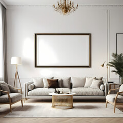 A luxurious Scandinavian living room with artful furniture and blank frame mockup