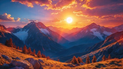 Majestic sun in a mountainous landscape. HDR photography.