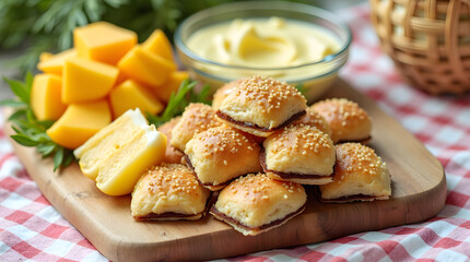 Appetizing Cheese Cubes Bite-Sized Sesame Savory Pastries Dip Appetizer Snack Wooden Board Checkered Tablecloth Close-up Food Photography