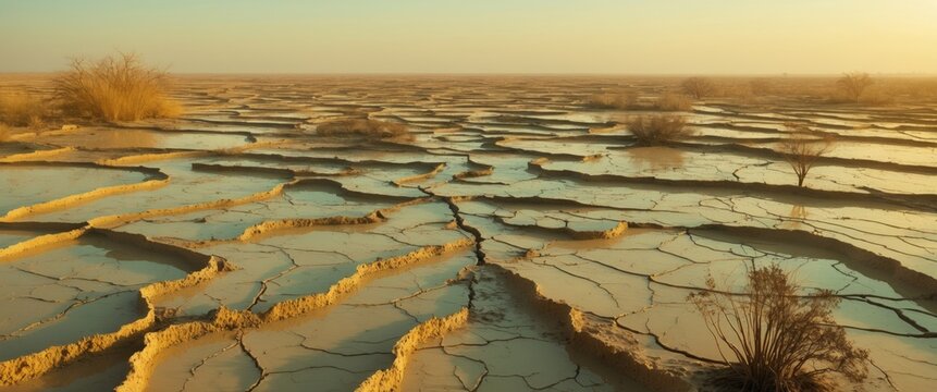 Mudlands that once held water have fractured due to high temperatures and drought. All water content has evaporated by the heat.