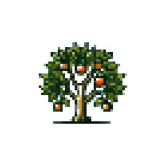 Fototapeta premium Pixel icon orange tree. Tree logo with fruits vector. Tangerine tree icon. Spring trees. Fruit tree vector icon pixel style. Stylish retro tree icon.