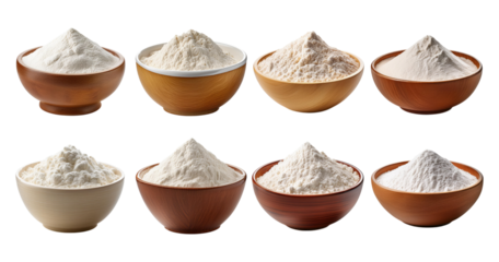 Various Types of Flour in Wooden Bowls Displayed on White Background, PNG bundle collection, Isolated on Transparent Background