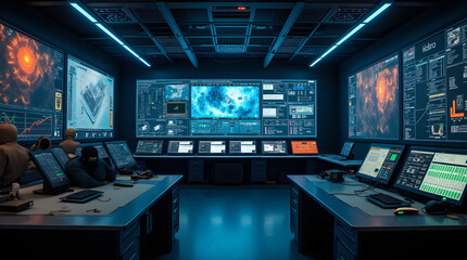Fototapeta premium Futuristic Cyberpunk Control Room with Data Screens and High-Tech Monitors
