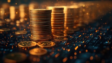 A stack of gleaming US dollar gold coins, meticulously arranged in ascending order like steps, with an arrow subtly pointing upwards, symbolizing financial growth and prosperity.