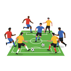 Soccer players competing on a field in a flat minimal vector illustration