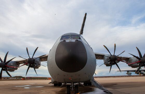 Front view of military transport aircraft showcasing power