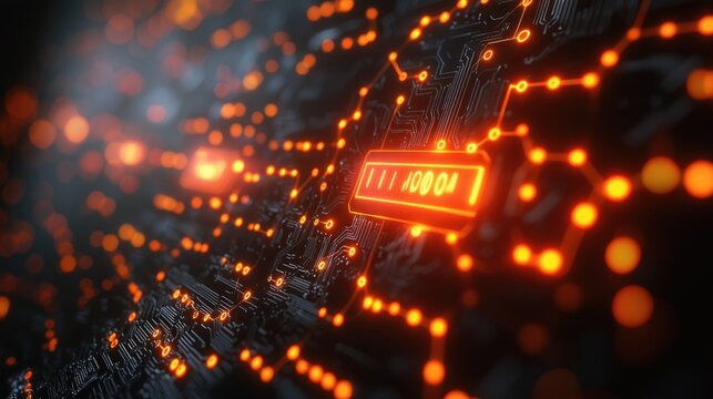 Glowing binary code on a circuit board.