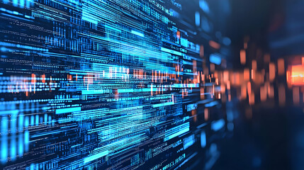 Abstract Futuristic Blue Binary Code Stream in Digital Cyberspace Depicting Data Flow