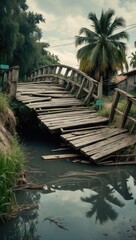 Fototapeta premium Old collapsing wooden bridge falling into the canal in a rural village. Selective focus.