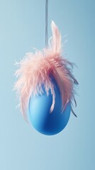 Single blue easter egg with fluffy feathers and textures on blue background. Hanging egg in easter concept.