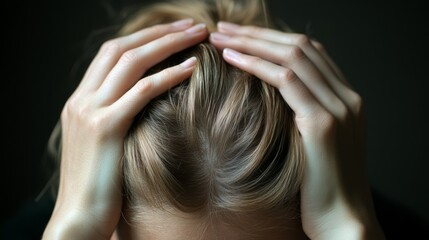 Naklejka premium A woman, head bowed, cradles her head in her hands, depicting a moment of introspection or strain in a dimly lit setting.