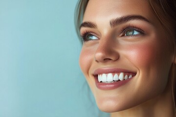 A woman with a radiant smile and perfect white teeth, photographed close-up against a pale blue background