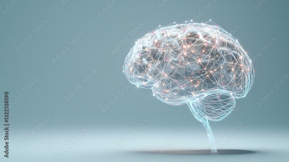 Poster digital brain model with glowing neural network connections and wireframe structure floating on soft