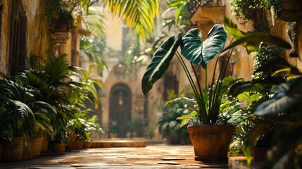 Obraz premium Lush Tropical Courtyard Pathway, Sunlight, Plants, Relaxation
