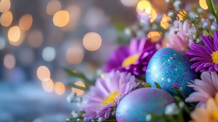 Festive Easter composition with turquoise decorated egg among pink and purple daisies on blurred bokeh background creates magical spring holiday atmosphere.