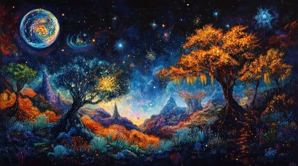 Cosmic fantasy landscape, vibrant trees and mountains under a starlit sky