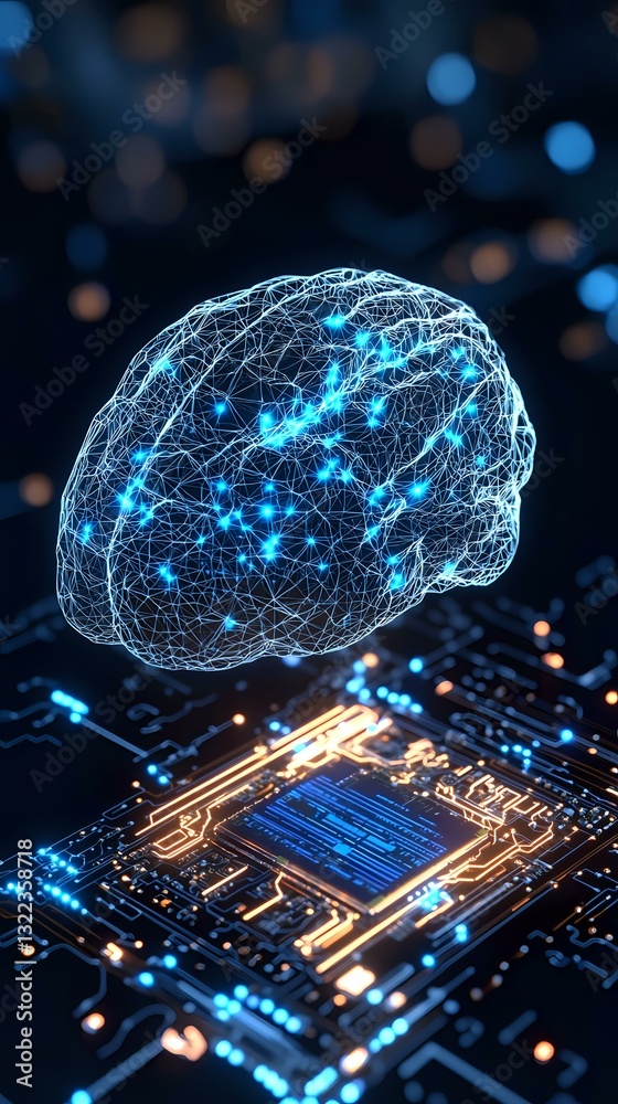 Poster glowing neural network brain floating above microprocessor circuit board with blue light effects and