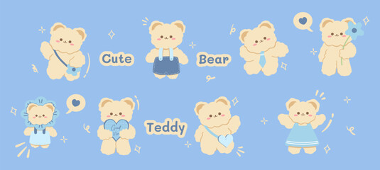 Set of cute teddy bear stickers vector illustration. Lovely doodle bear in different pose. Adorable hand-drawn bear collection for t-shirt, stickers, print and other product 
