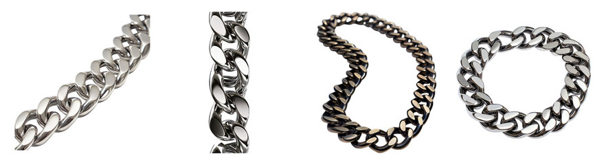 Obraz premium Various Views of a Metallic Chain Necklace and Bracelet Designs, PNG bundle collection, Isolated on Transparent Background