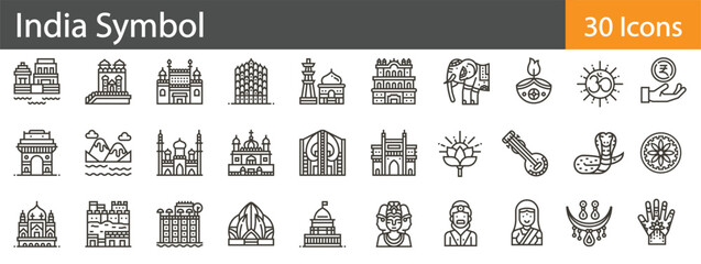 Indian Symbol Line Icons Set. Collection of 30 outline icons representing cultural, historical, and national symbols of India. Editable stroke vector illustration.