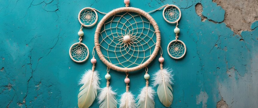 Mint cream dream catcher on a textured surface. Texture of concrete.