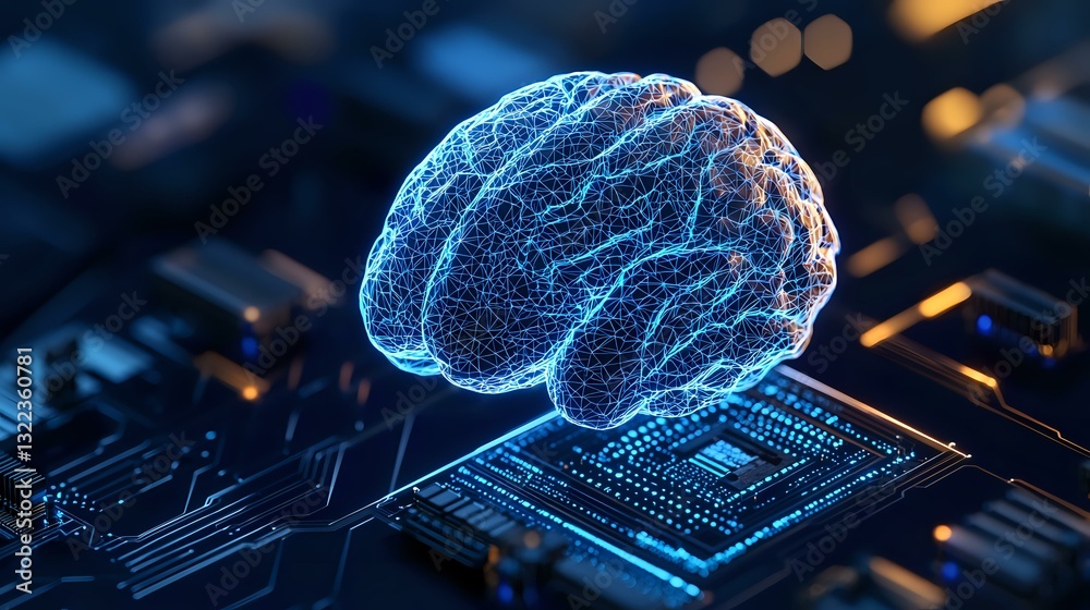 Poster digital brain hologram floating over computer circuit board with glowing blue neural network connect