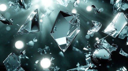 Prismatic shards of metallic foil floating in a zero-gravity space