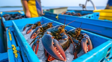 Freshly caught lobster displayed in blue crates on a fishing boat near the coast