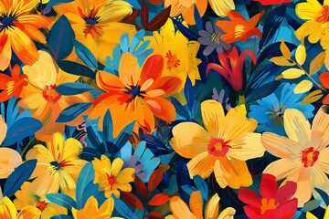 Beautiful Bright and Colorful Flowers in Soft Blended Brushstrokes Seamless Pattern with Muted Colors