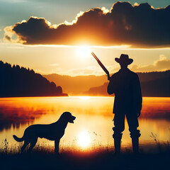Hunter with shotgun and hunting dog standing near lake at sunrise