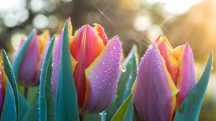 Fototapeta premium A close-up of vibrant tulips covered in morning dew. Delicate petals glisten in the golden morning sunlight, tiny dew drops on the petals reflecting the light like crystals.