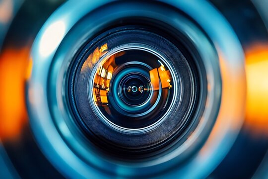 Close-up of a fisheye camera lens positioned inside an industrial water pipe, showcasing intricate details and textures from a top view perspective.