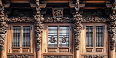Fototapeta premium Ornate wooden building facade with detailed carvings and windows displayed