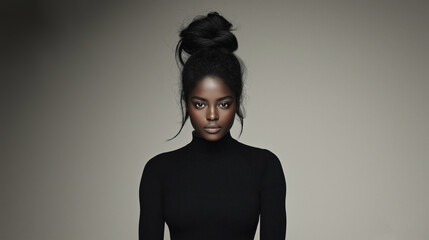 Portrait of a confident woman with light skin tone showcasing elegance in a minimalist setting